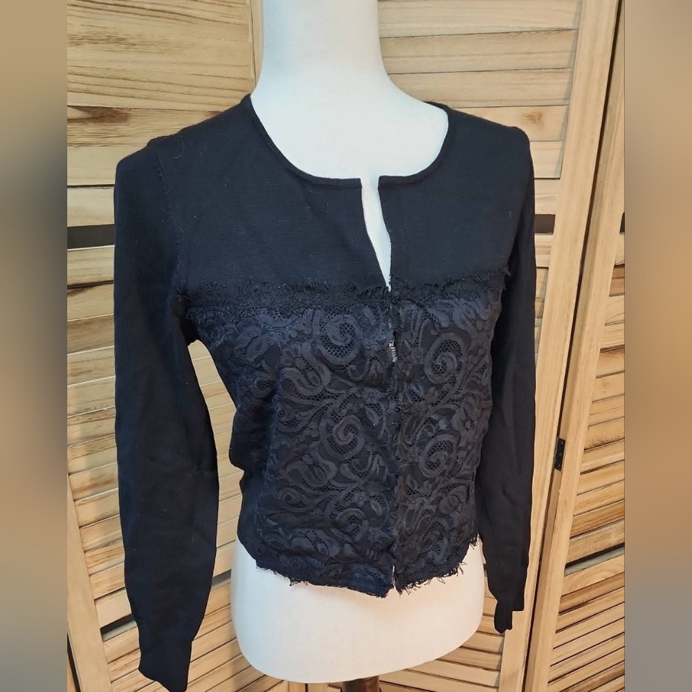 Nanette Lepore Black Lace Cropped Wool Sweater Medium